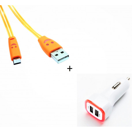 Pack Chargeur Voiture pour Smartphone Micro-USB (Cable Smiley + Double Adaptateur LED Prise Allume Cigare) Android Connecteur