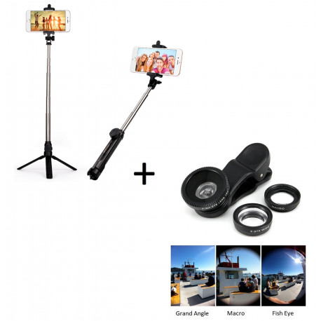 Pack Photo pour Smartphone (Selfie Stick avec Trepied + Objectif Pince 3 en 1) Android IOS Télécommande Bluetooth