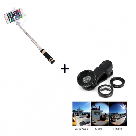 Pack Photo pour Smartphone (Mini Selfie Stick + Objectif Pince 3 en 1) Android IOS Bouton