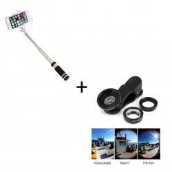 Pack Photo pour Smartphone (Mini Selfie Stick + Objectif Pince 3 en 1) Android IOS Bouton