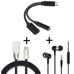 Pack pour Smartphone (Adaptateur Type C/Jack + Cable Fast Charge Type-C + Ecouteurs Metal) (NOIR)