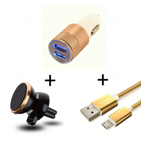 Pack Voiture pour Smartphone Android (Cable Chargeur Micro-USB + Double Adaptateur Allume Cigare + Support Voiture Magnetique)