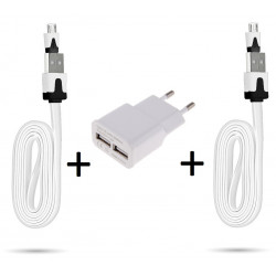 Pack Chargeur pour Smartphone Micro-USB (2 Cables Chargeur Noodle + Double Prise Secteur USB) Android (BLANC)