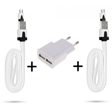 Pack Chargeur pour Smartphone Micro-USB (2 Cables Chargeur Noodle + Double Prise Secteur USB) Android (BLANC)