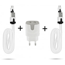 Pack Chargeur pour Smartphone Micro-USB (2 Cables Chargeur Noodle + Double Prise Couleur Secteur) Android