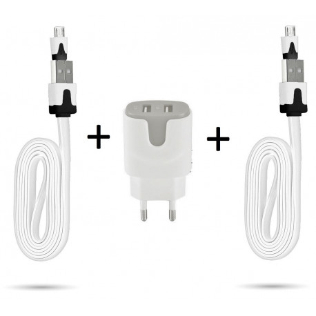 Pack Chargeur pour Smartphone Micro-USB (2 Cables Chargeur Noodle + Double Prise Couleur Secteur) Android