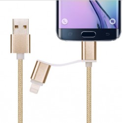 Câble 2 en 1 Pour Android & Apple Adaptateur Micro USB Lightning 1m Metal Nylon ARGENT