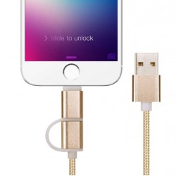 Câble 2 en 1 Pour Android & Apple Adaptateur Micro USB Lightning 1m Metal Nylon ARGENT