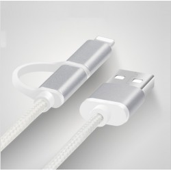 Câble 2 en 1 Pour Android & Apple Adaptateur Micro USB Lightning 1m Metal Nylon ARGENT