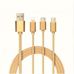 Câble 3 en 1 Pour Android, Apple & Type C Adaptateur Micro USB Lightning 1,5m Metal Nylon