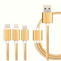 Câble 3 en 1 Pour Android, Apple & Type C Adaptateur Micro USB Lightning 1,5m Metal Nylon