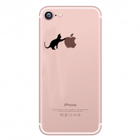 Coque Silicone IPHONE 7 Chat Fun APPLE Cat Noir Joue Pomme Transparente Protection Gel Souple