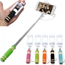 Mini Selfie Stick pour Smartphone Perche Android IOS Réglable Bouton Photo Cable Jack Noir