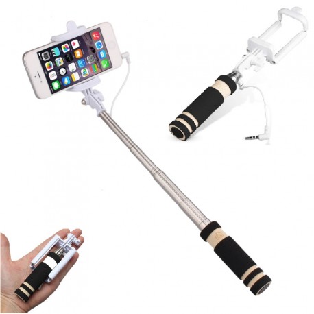 Mini Selfie Stick pour Smartphone Perche Android IOS Réglable Bouton Photo Cable Jack Noir